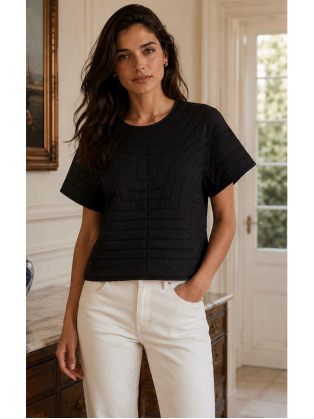 Women's Isabel Marant Étoile Quilted Short Sleeve Top Navy Size 40/8 Silk Blend